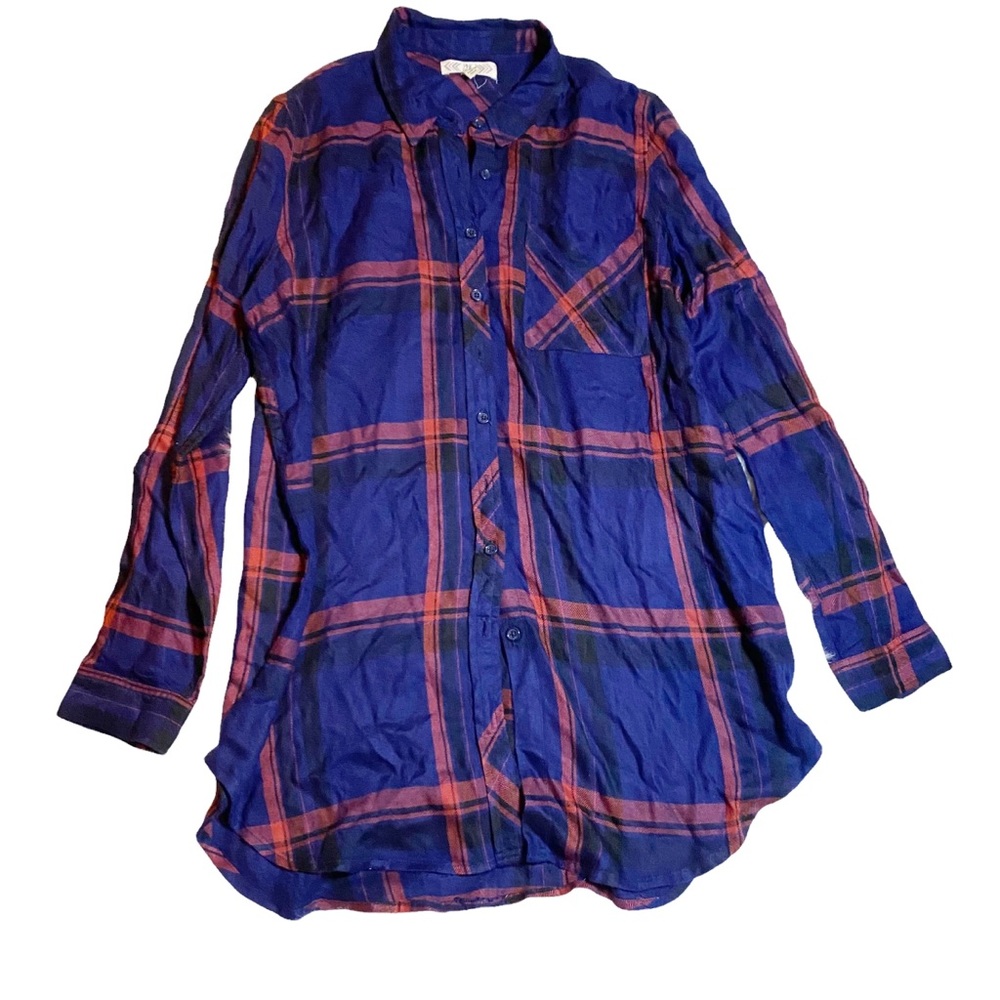 Pink rose Button Down top Blue Colllared Plaid Long Sleeves Sz Large RN120951